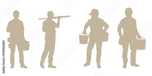Silhouettes set of workers with helmets. Vector flat style illustration isolated on white