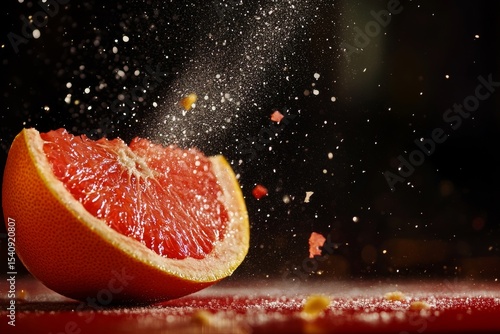 Fresh Grapefruit Slices Flying Through the Air With Sugar Dust in a Vibrant K...