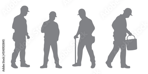 Silhouettes set of workers with helmets. Vector flat style illustration isolated on white