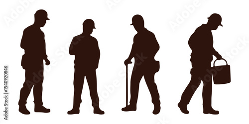Silhouettes set of workers with helmets. Vector flat style illustration isolated on white