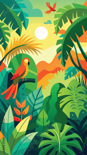 Tropical paradise illustrated with vibrant colors a parrot and lush jungle foliage