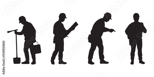 Silhouettes set of workers with helmets. Vector flat style illustration isolated on white