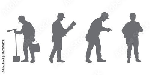 Silhouettes set of workers with helmets. Vector flat style illustration isolated on white