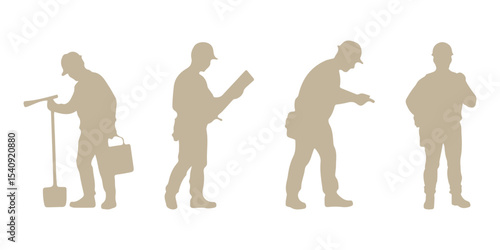 Silhouettes set of workers with helmets. Vector flat style illustration isolated on white