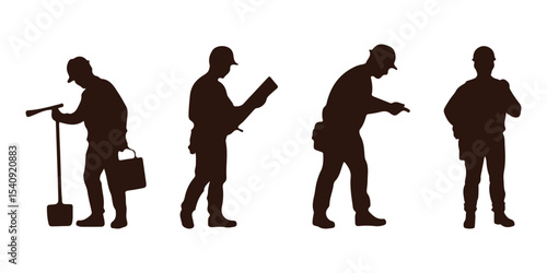 Silhouettes set of workers with helmets. Vector flat style illustration isolated on white