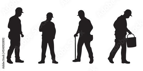 People with various occupations professions standing together in row vector flat black silhouettes set collection.