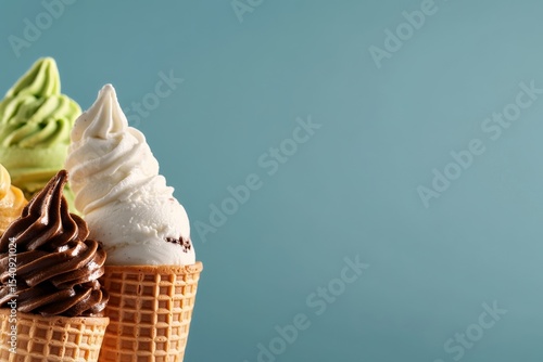 Enjoying a Variety of Ice Cream Cones in Different Flavors Against a Pastel B...