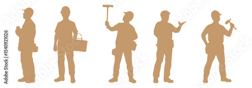 Silhouettes set of worker wearing helmet and vest. . Workers in different poses. Vector flat style illustration isolated on white. Full-length view