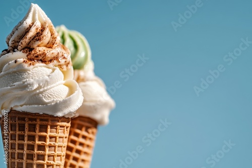 Scoop of Delicious Ice Cream in a Cone With Swirls of Flavor Against a Blue B...