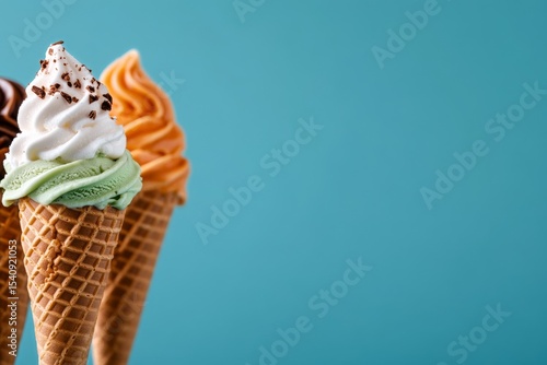Enjoying a Variety of Ice Cream Cones in Different Flavors Against a Pastel B...