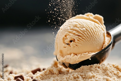 Creamy Coffee Ice Cream Served With a Scoop and Crumbles in an Elegant Setting.