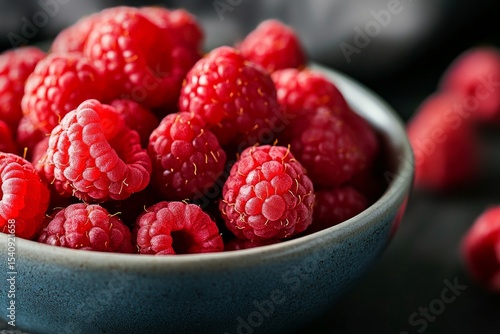 Fresh Raspberries in a Blue Bowl on a Dark Wooden Table.