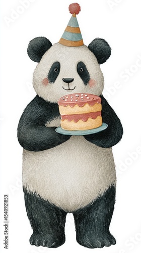 Cute Panda Celebrates Birthday With Cake and Balloons at a Joyful Party.