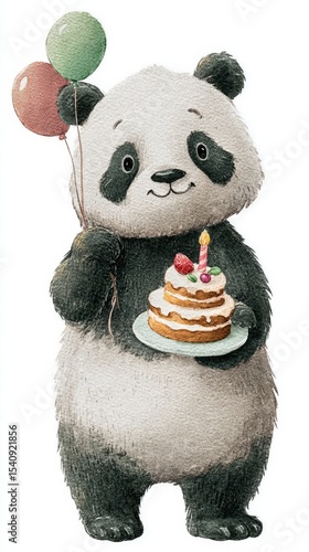 Cute Panda Celebrates Birthday With Cake and Balloons at a Joyful Party