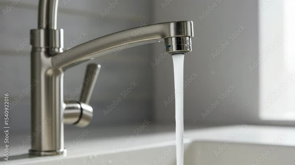 Modern kitchen faucet with running water in bright interior setting Modern kitchen faucet with running water in bright interior setting