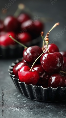 Freshly Harvested Cherries in a Rustic Bowl on Dark Fabric Background.