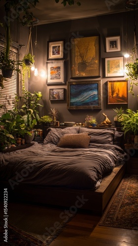 Cozy Bedroom With Warm Lighting and Lush Greenery Creates a Tranquil Retreat ...