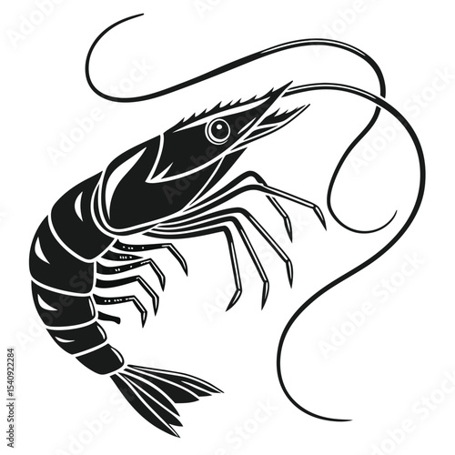 The stylized monochrome shrimp shows its segmented body, legs, and long antennae elegantly