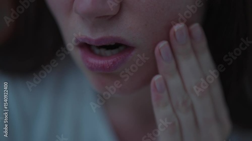 Close-up of a woman suffering from toothache and touching the tooth with her hands in the middle of the night. Concept of nighttime pain in the teeth due to caries