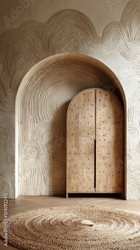 Unique Wooden Cabinet Complements Textured Wall in Modern Interior Design Space