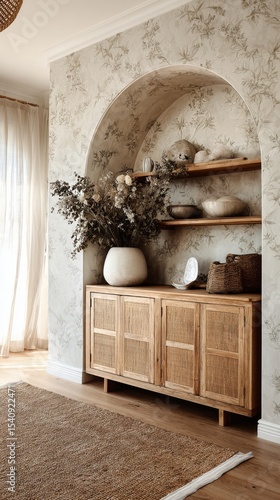 Unique Wooden Cabinet Complements Textured Wall in Modern Interior Design Space.