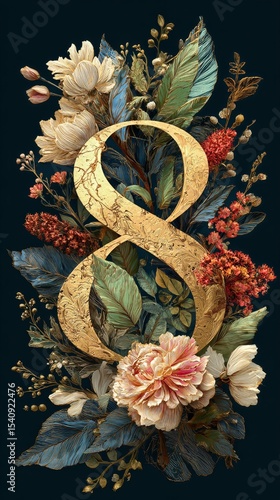 Elegant Floral Design Featuring the Number 8 Surrounded by Vibrant Blooms and...