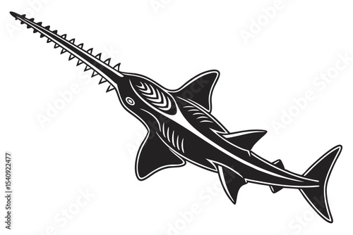 Black and white sawfish shows its formidable rostrum with sharp teeth along the surface