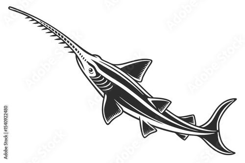 Stylized sawfish displays detailed black and white markings, showcasing its unique rostrum