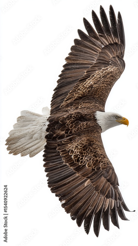 Fototapeta premium Majestic Bald Eagle Soaring in the Sky Against a White Background.