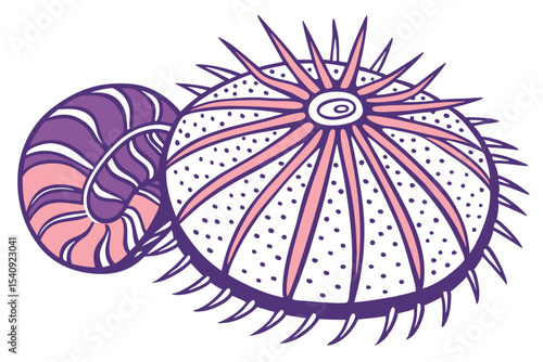 Stylized sea urchin and nautilus shell features purple and pink hues for decoration
