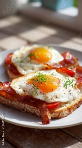 Enjoying Breakfast of Eggs and Bacon on Toasted Bread in a Sunny Outdoor Sett...