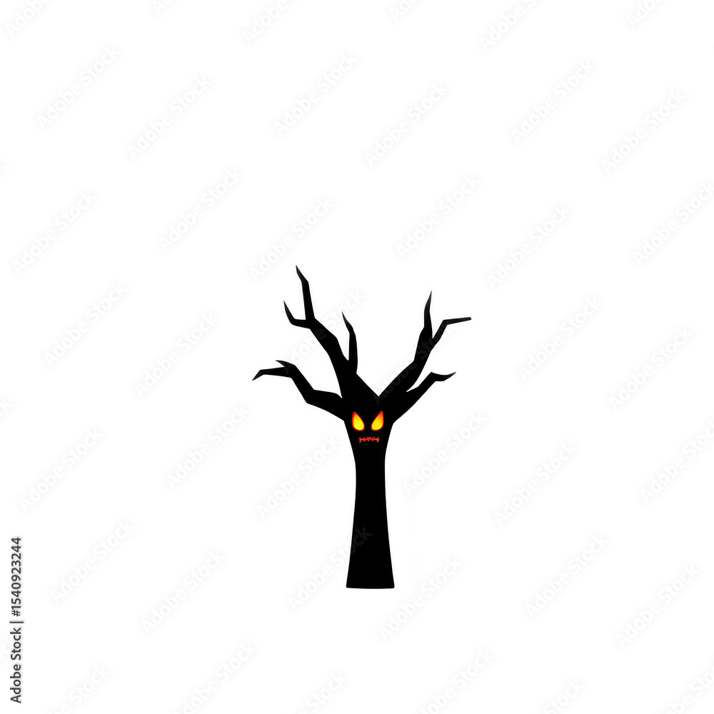 Fototapeta premium Spooky tree with glowing eyes and sinister expression stands against transparent background, evoking sense of Halloween eeriness