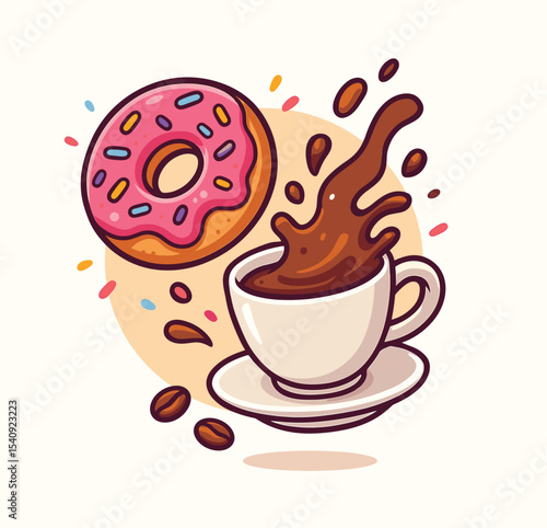Donut with coffee splash floating cartoon illustration breakfast treat object isolated flat vector
