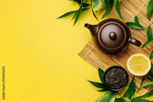 Relaxing Tea Time With a Teapot, Leaves, Lemon, and Green Tea on a Bamboo Mat