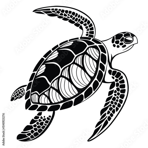 Black and white stylized sea turtle swims peacefully forward in an ocean graphic
