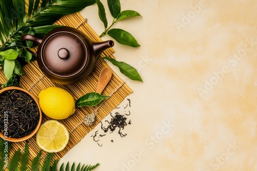 Warm Herbal Tea Preparation on a Bright Yellow Background With Lemon and Leaves.