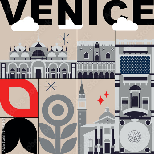Venice culture travel set, famous architectures and specialties in flat design. Business travel and tourism concept isolated on white background. Image for presentation, banner, website, app, advert