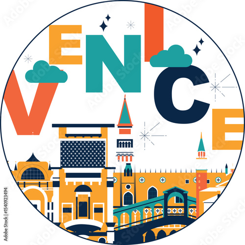 Venice culture travel set, famous architectures and specialties in flat design. Business travel and tourism concept isolated on white background. Image for presentation, banner, website, app, advert