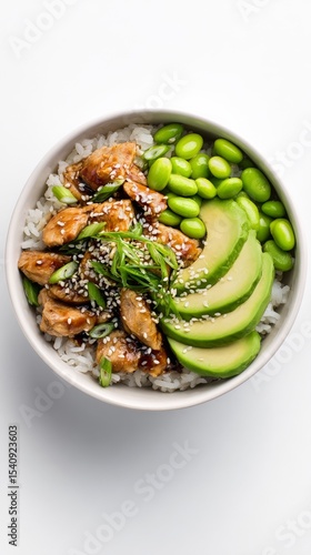 Bowl of Rice With Chicken, Avocado, and Edamame Arranged Artfully for a Nutri...