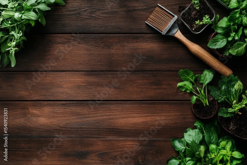 Gardening Tools and Fresh Herbs Arranged on a Wooden Surface for Planting