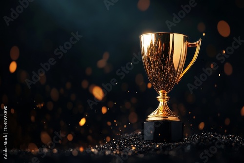 Golden Trophy Shining Brightly Against Dark Background With Sparkles and Boke...