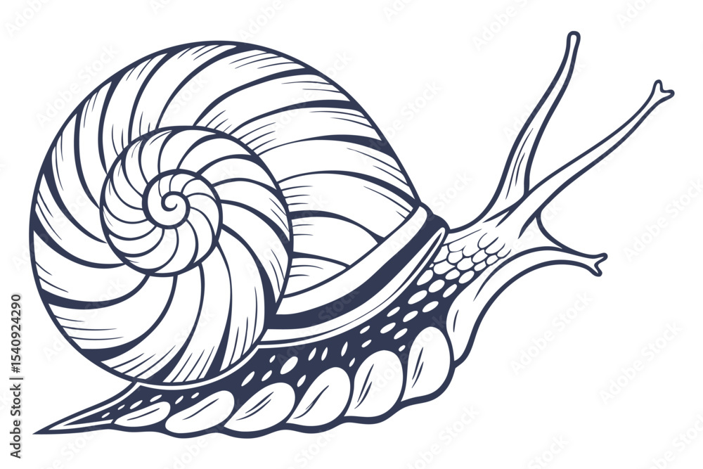 Fototapeta premium Detailed art showcases a snail with an intricate shell pattern on a white background
