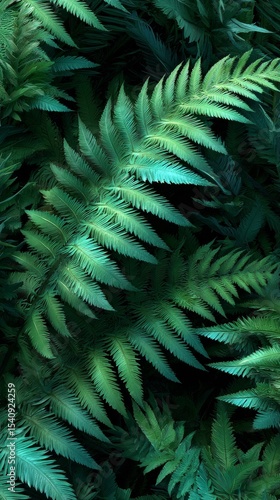 Lush Green Fern Leaves Creating a Vibrant Natural Background in Serene Enviro...