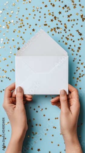 Hands Holding an Envelope Filled With Golden Stars on a Blue Background.