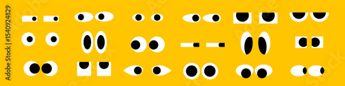 Set of doodle cute eye icons, in flat cartoon style on bright yellow background.
Vector illustration.