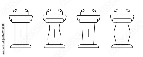 Set of icons of pulpit,
podium with microphones of different shapes for presentations of sermons or public speaking.
Vector illustration.