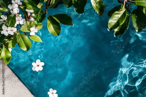 Tranquil Poolside View With Blooming Flowers and Vibrant Blue Water During Da...