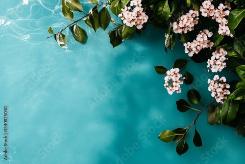 Flowering Branches Float on Calm Blue Water, Creating Serene Natural Setting.