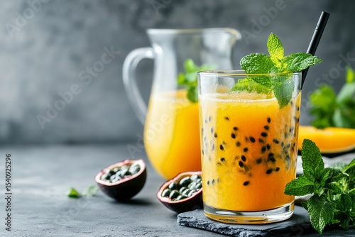 Refreshing Passion Fruit and Mango Drink Served With Mint in a Stylish Setting