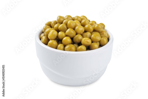 Canned green peas in a white bowl on a white isolated background
